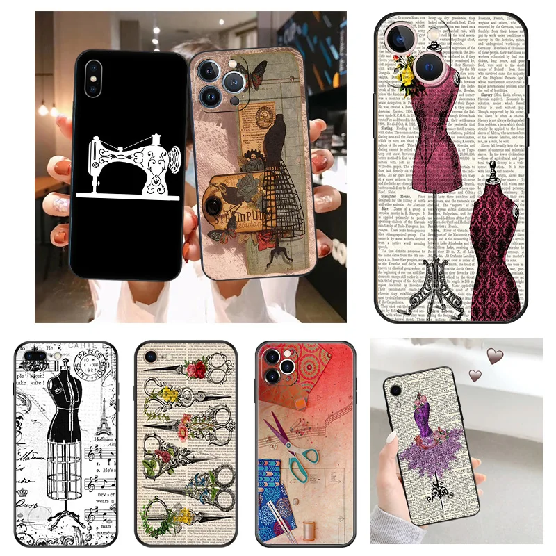 Silicone Soft Phone Case for iphone 16Plus 15 14 13 12 11 16 Pro Max Mini XR SE 7 8 Plus 15ProMax Sewing Tailor Black Back Cover