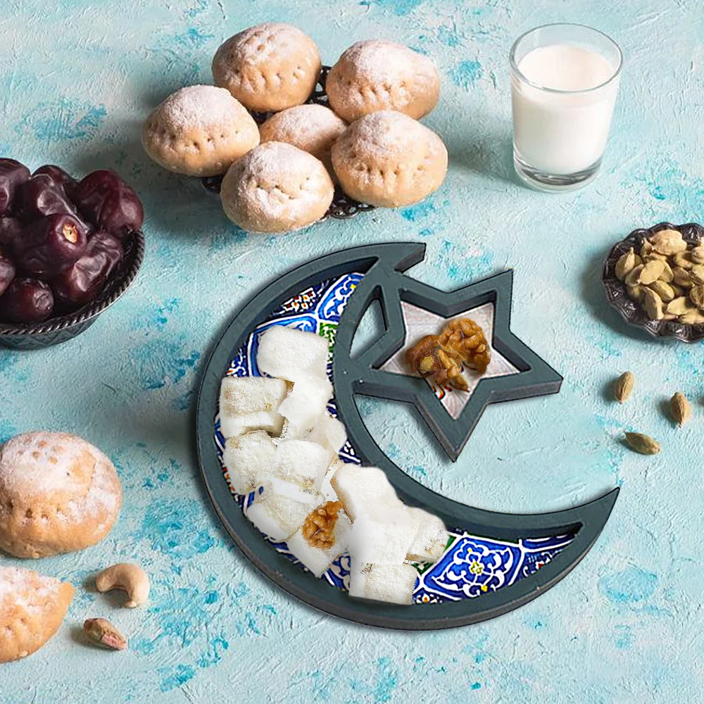 รอมฎอนตกแต่งไม้ Eid Mubarak Sun Star Moon ถาดจานอิสลามมุสลิม Party Supplies Eid Mubarak ตกแต่ง