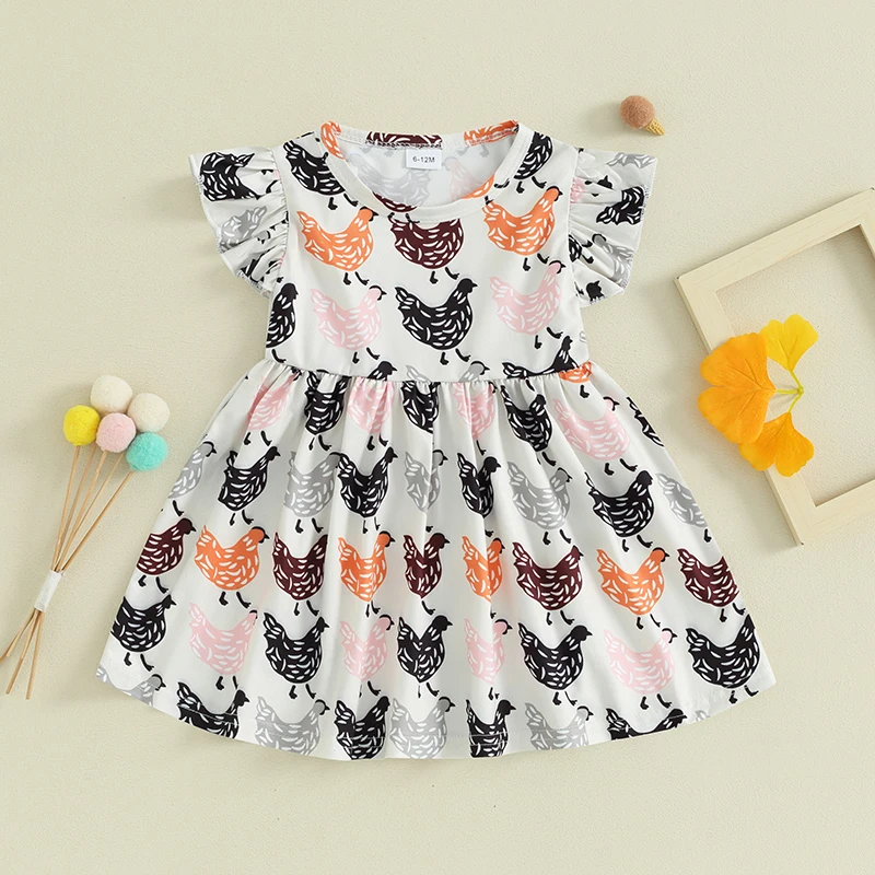 

Toddler Girl Clothes Summer Flying Sleeve Dress Cartoon Chicken Print Round Neck A-Line Dress Children's Clothing