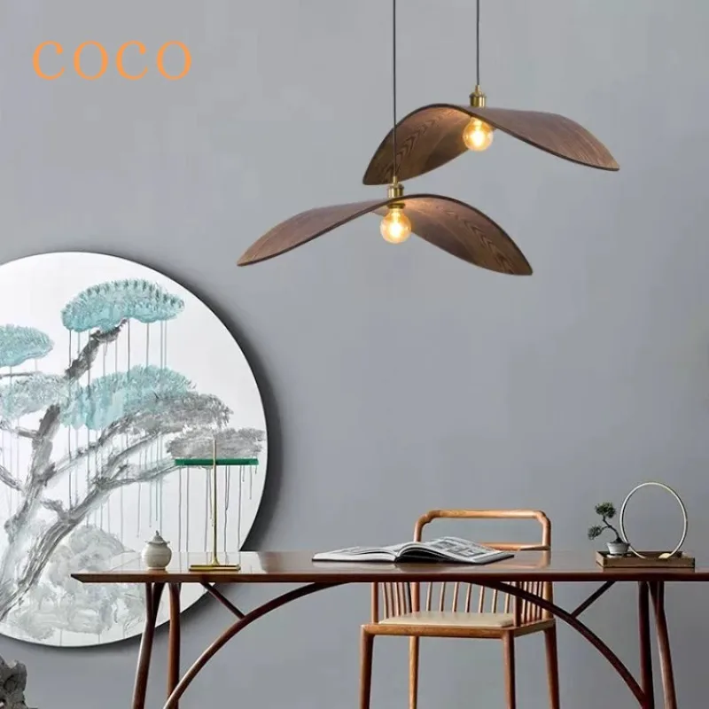 Vintage walnut restaurant pendant light LED kitchen bar homestay pendant light straw hat home decoration lighting fixture
