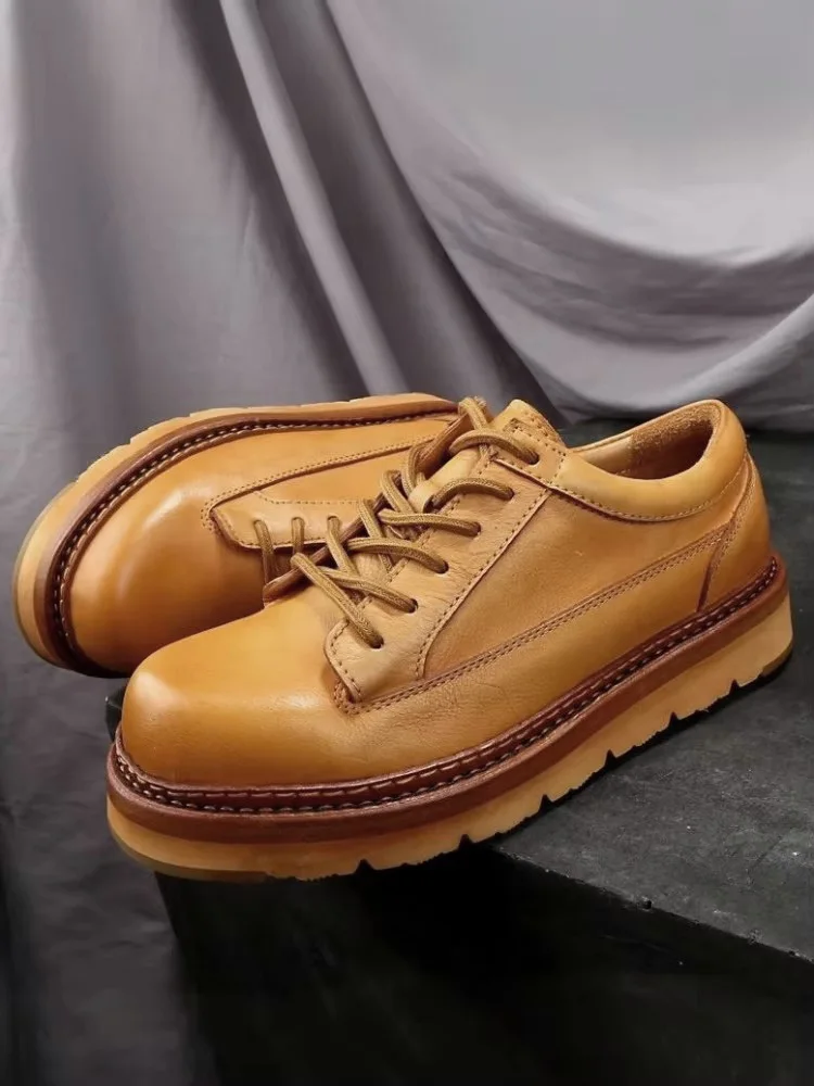 Mens Casual Shoes Lace Up Platform Shoes Cow Split Leather Handmade British Style Spring Business Vintage Office Men Derby Shoes