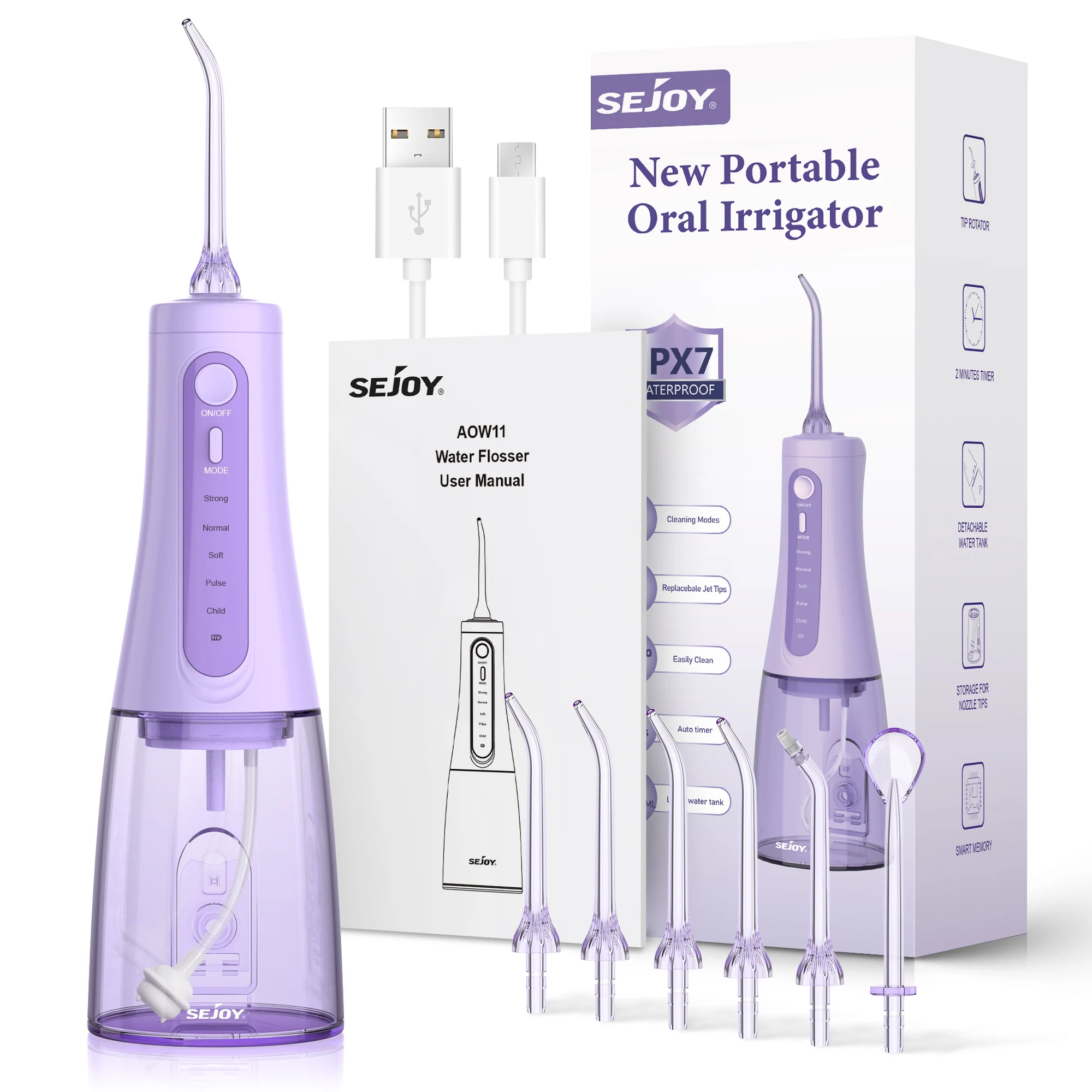 Dental Water Flosser Teeth Pick Oral Irrigator 5 Modes 6 Replaceable Jet Tips 350ml Tank for Teeth Cleaning,Purple