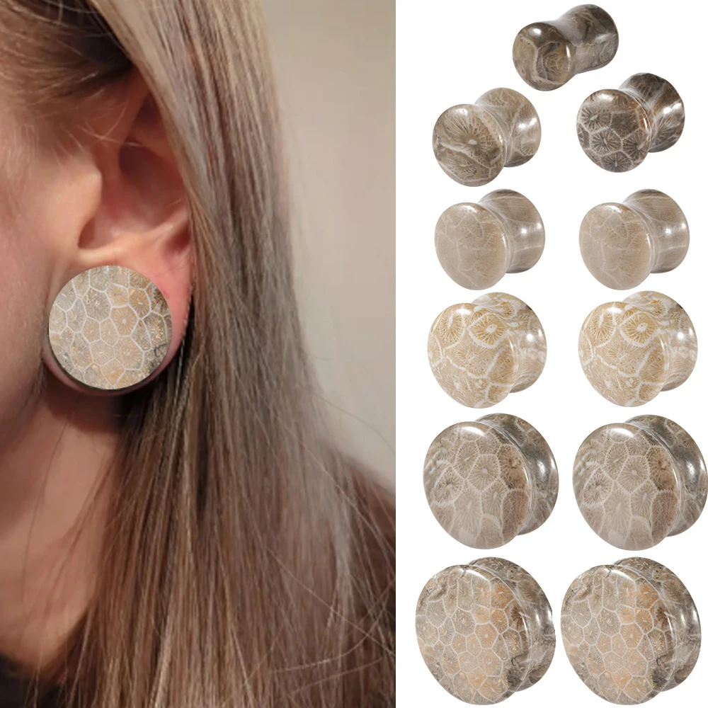 2Pcs Coral Stone Ear Plugs Double 6mm-25mm For Men Women Ear Plugs Tunnel Gauges Piercing Expander Body Piercing Jewelry