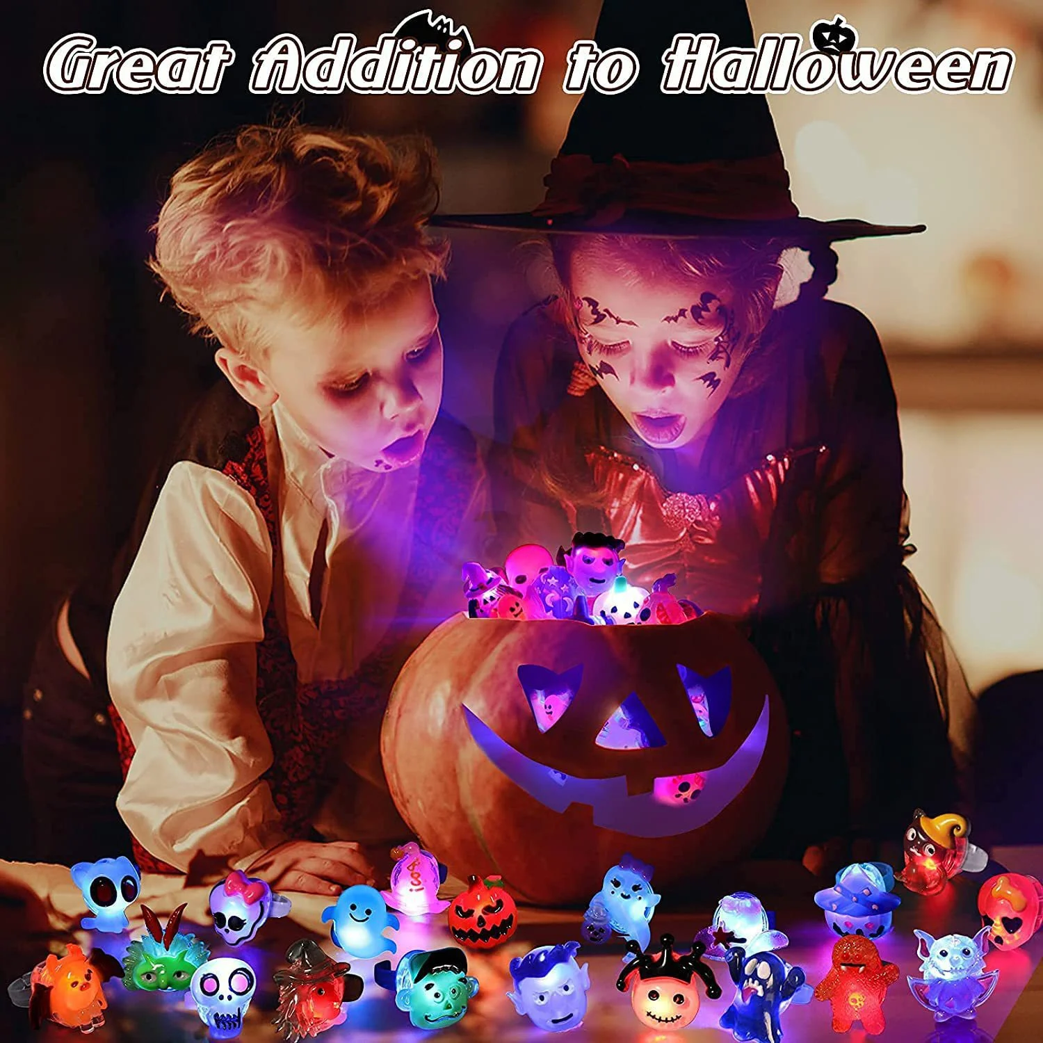 Portable Halloween Cute Luminous Ring Light Halloween LED Ring Glowing Ghost Light For Home Horror Props Supplies Kids Gift