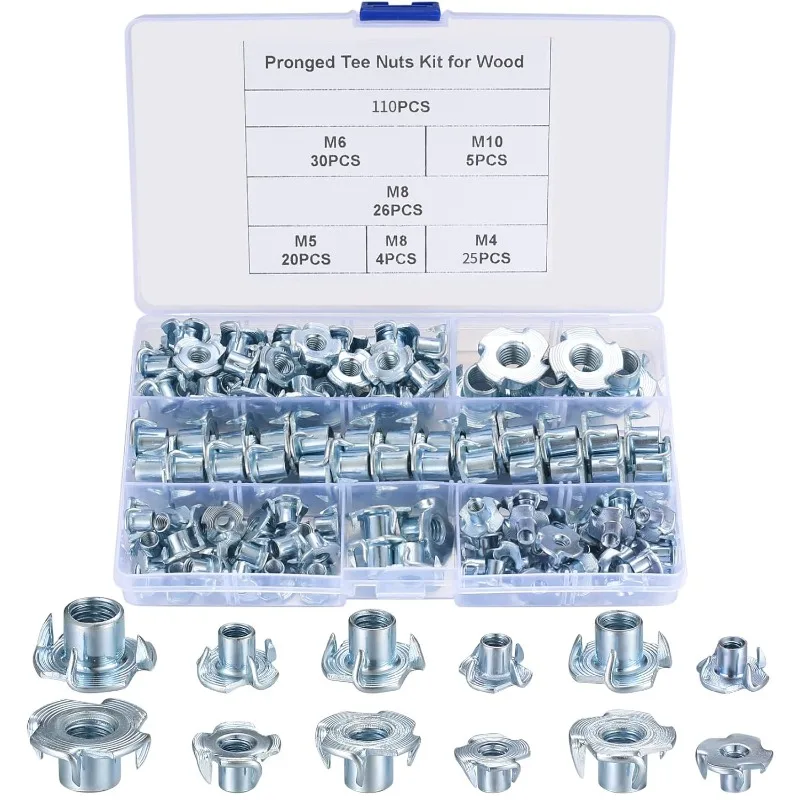 

110Pcs Four Pronged T-Nuts Threaded Insert Tee Blind Nuts Carbon Steel Metric Nut for Wood Furniture Construction M4-M10