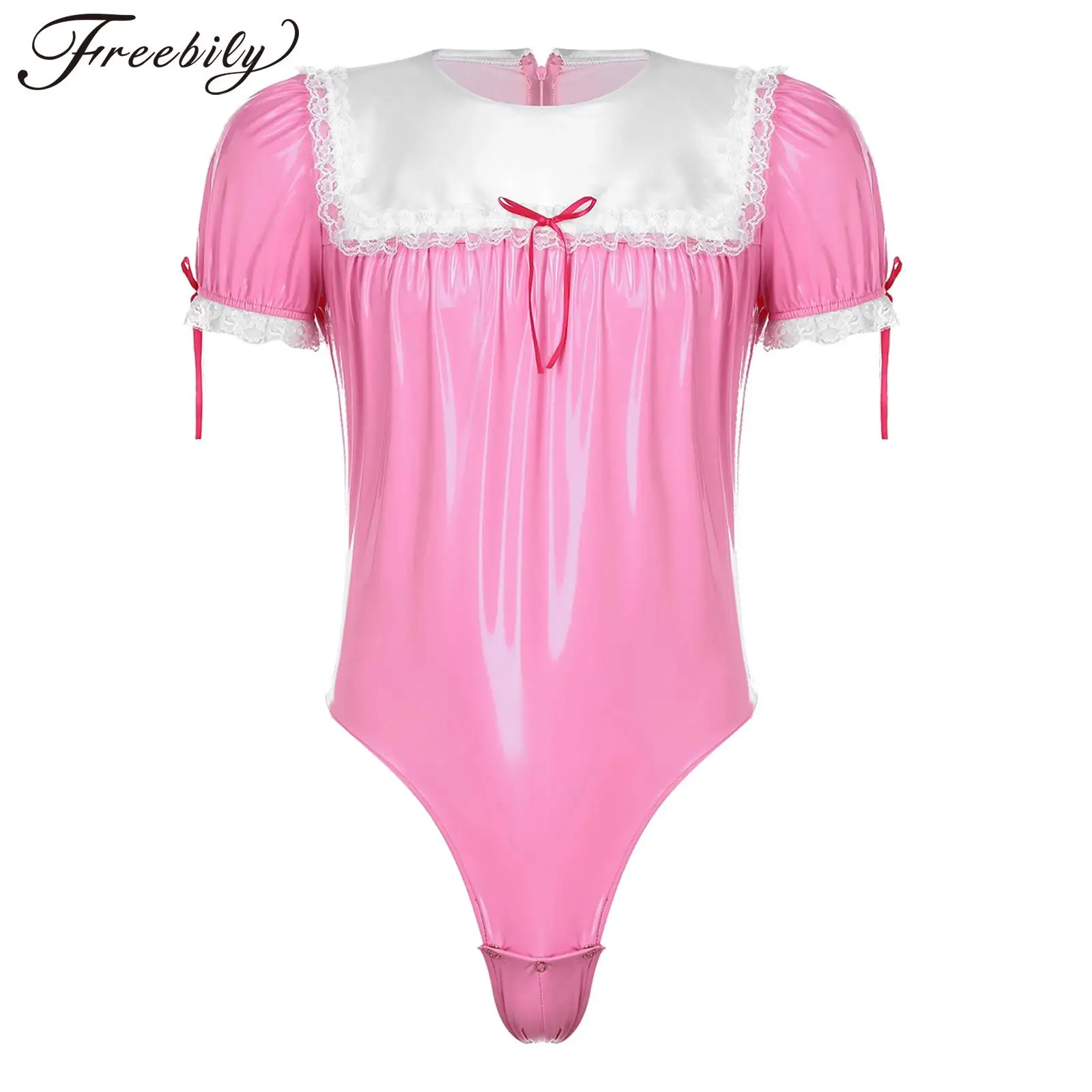 

Mens Sissy Crossdresser Maid Cosplay Costume Patent Leather Puff Sleeve Lace Trim Zipper Bodysuit Role Play Jumpsuit Nightwear