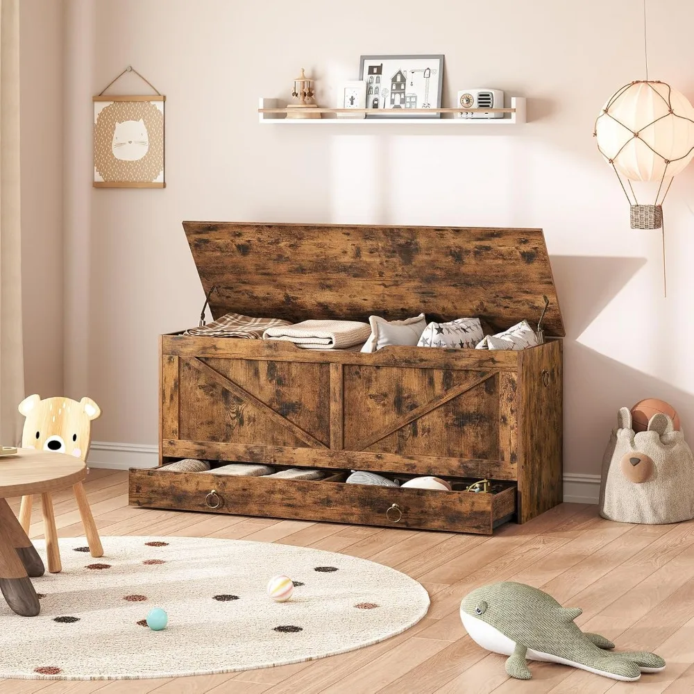 Cofre de almacenamiento de madera con cajones para juguetes, banco de entrada, banco para zapatos con bisagra de seguridad, marrón rústico, en forma de U, envío desde EE. UU.