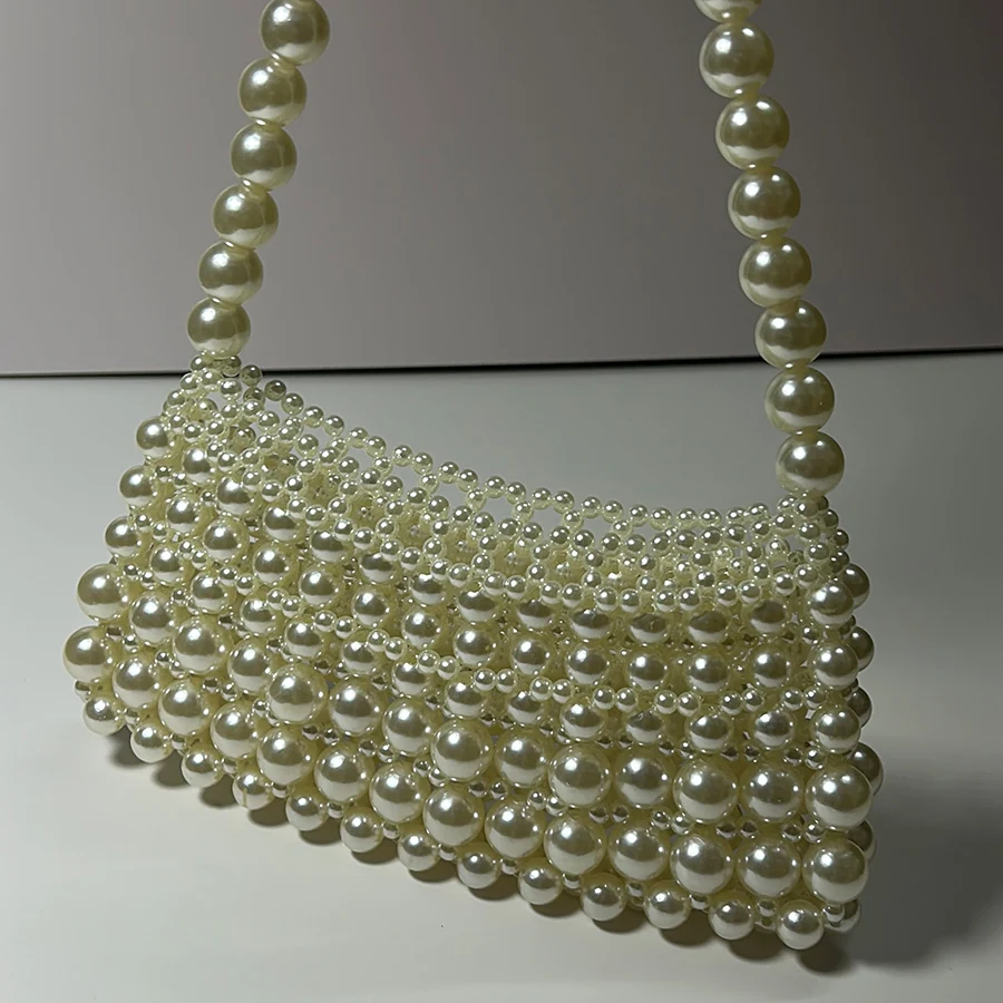 Summer Pearl Bead Hollow Out Shoulder Bag Bead Chains Hand-Woven Design Beach Women Underarm Handbags Mobile Phone Bag Bolsa Sac