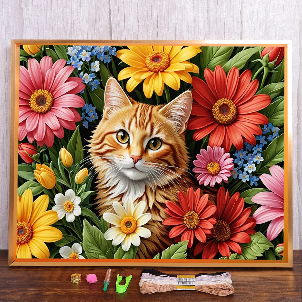 

Cat Flower Printed Fabric 11CT Cross Stitch Kit Embroidery DMC Threads Knitting Hobby Handmade Needlework Counted Stamped Magic