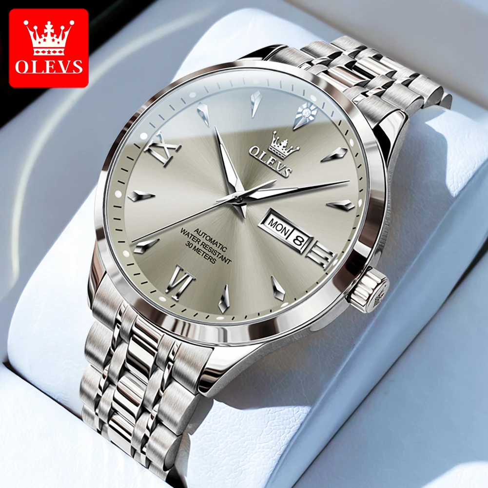 

OLEVS 9956, оригинальные автоматические мужские часы, ремешок из нержавеющей стали, бриллиантовый циферблат, двойной календарь, классические деловые механические наручные часы