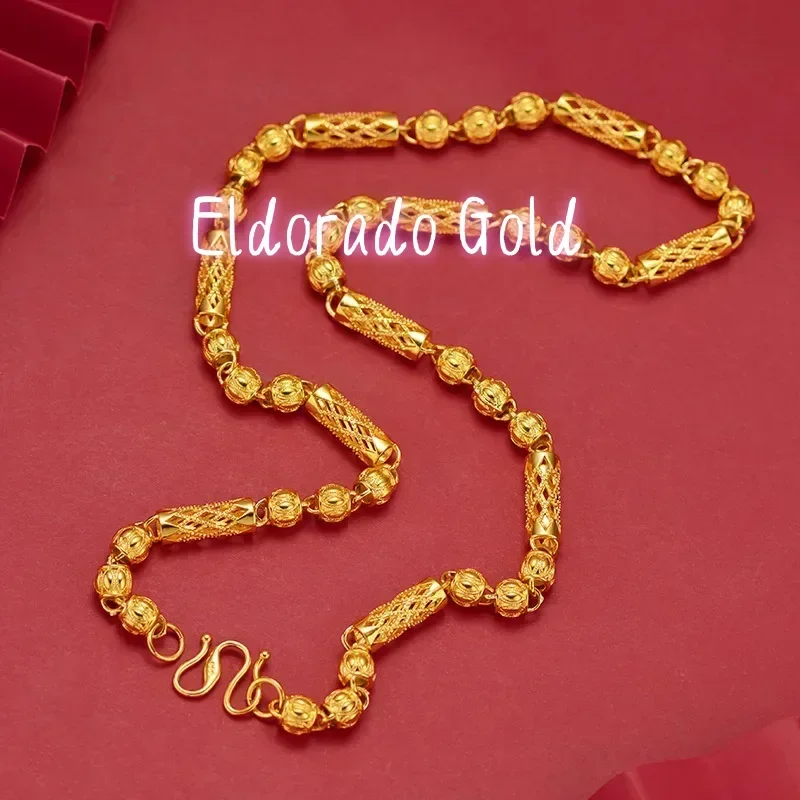 Eldorado Gold  9999 Real Gold 24K Men's Hollow Carved Grid Cylinder with Frosted Bead Necklace Fashion