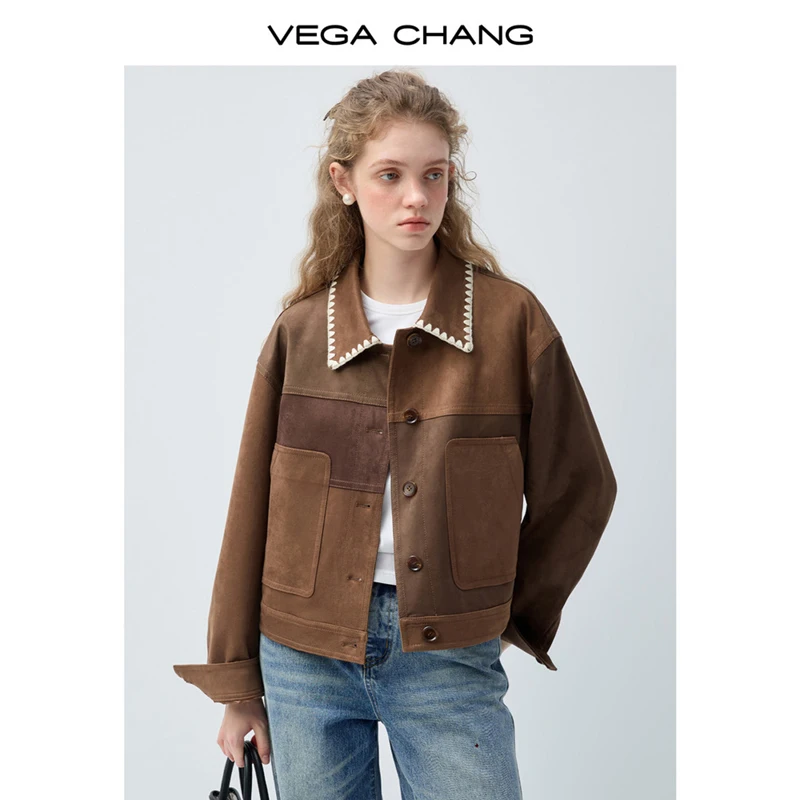 Vega Chang Spring and Autumn New Women's Patchwork Faux Suede Versatile Short Jacket