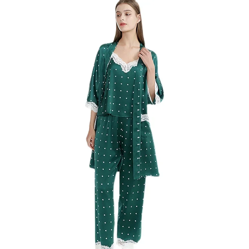 19 مللي متر 100% التوت الحرير 3 قطعة كيمونو رداء و أكمام بيجامة مجموعة نقطة بروتيل بلوزات وبنطلون بيجامة مع سترة الحمام