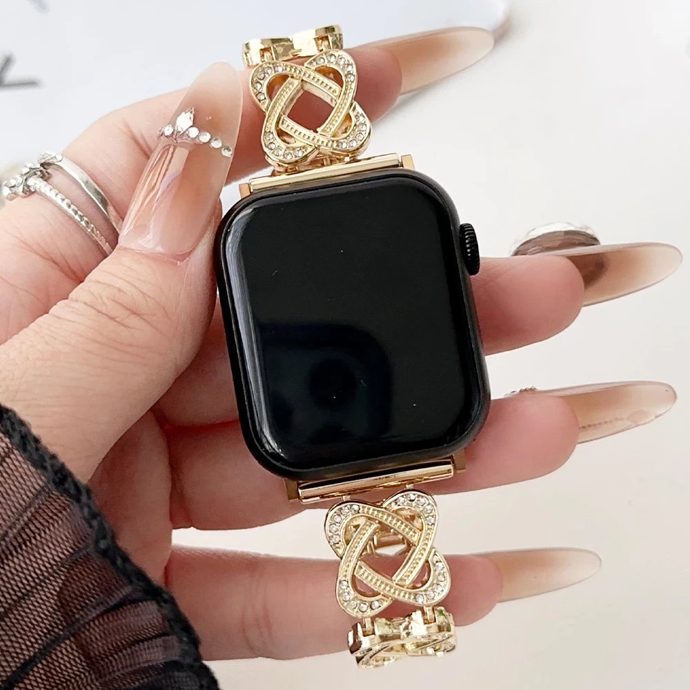 44mm Correa For iWatch Series 9 7 6 SE 5 4  Heart Ring Diamonds Chain Strap For Apple Watch S8 Ultra 2 49mm 45mm 41mm 42mm Strap