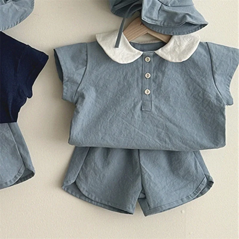 

Korean version of ins boys and girls Cotton Clothes Set Shirt+Shorts 2PCS Fashion Simple Turn-down Collar Outwear Baby Clothes0-