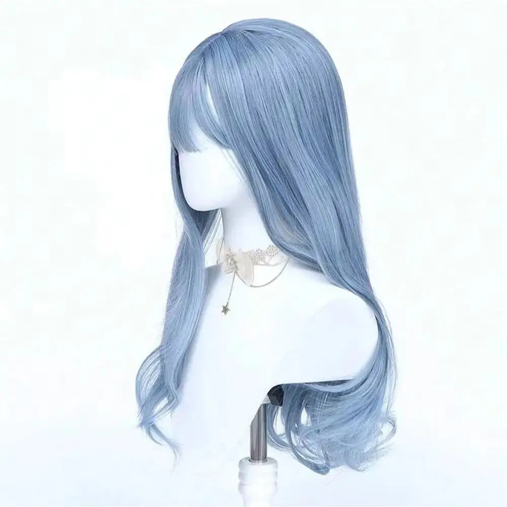 MSIWIGS Long Wavy Cosplay Synthetic Wigs Blue With Bangs for Women Cos Party Lolita Wig