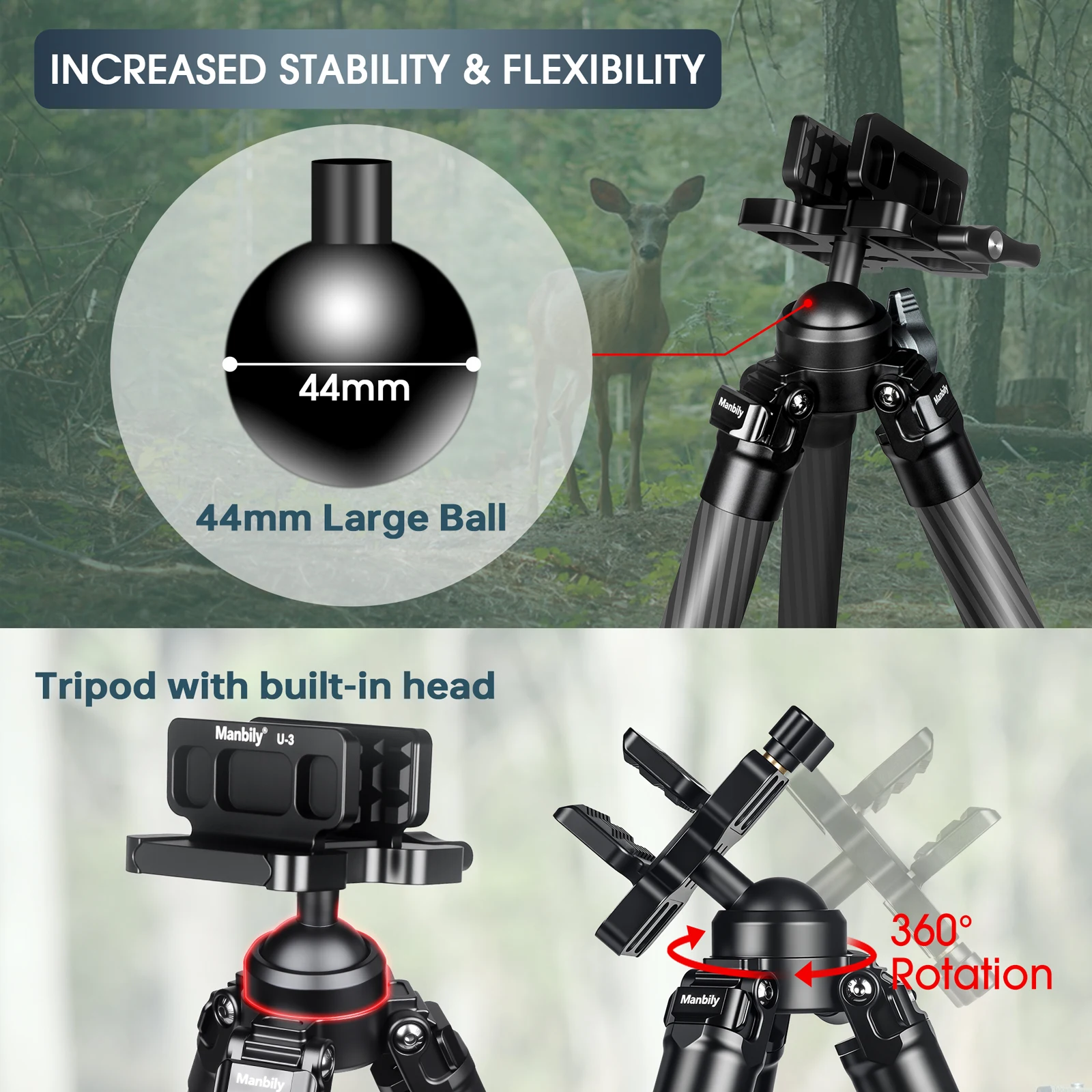 Manbily 62.2inch Professional Carbon Fiber Hunting Tripods with Saddle Mount Clamp Heavy Duty Outdoor Tripod Max.Load 44lbs