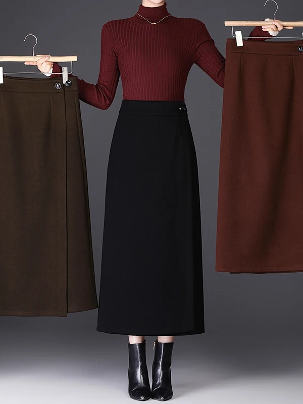 

High Waist Slimming Woolen Skirt Women's Autumn Winter New Sle Ele Midi Skirt Warm Fitted Korean Sle Commute