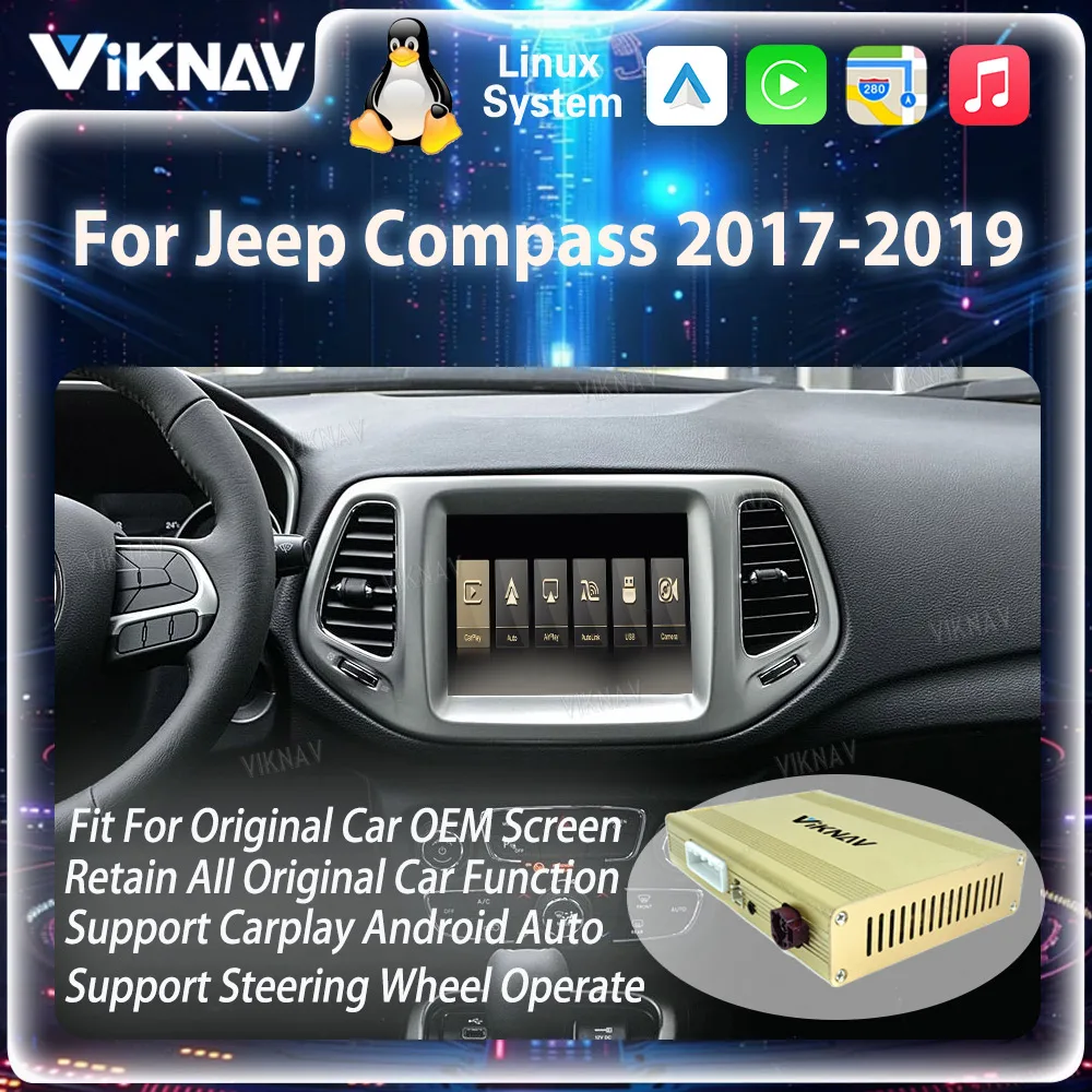 

Viknav Decoder box For Jeep Compass 2017-2019 Linux System Wireless CarPlay Android Auto Stereo Upgrade Oem screen Retrofit