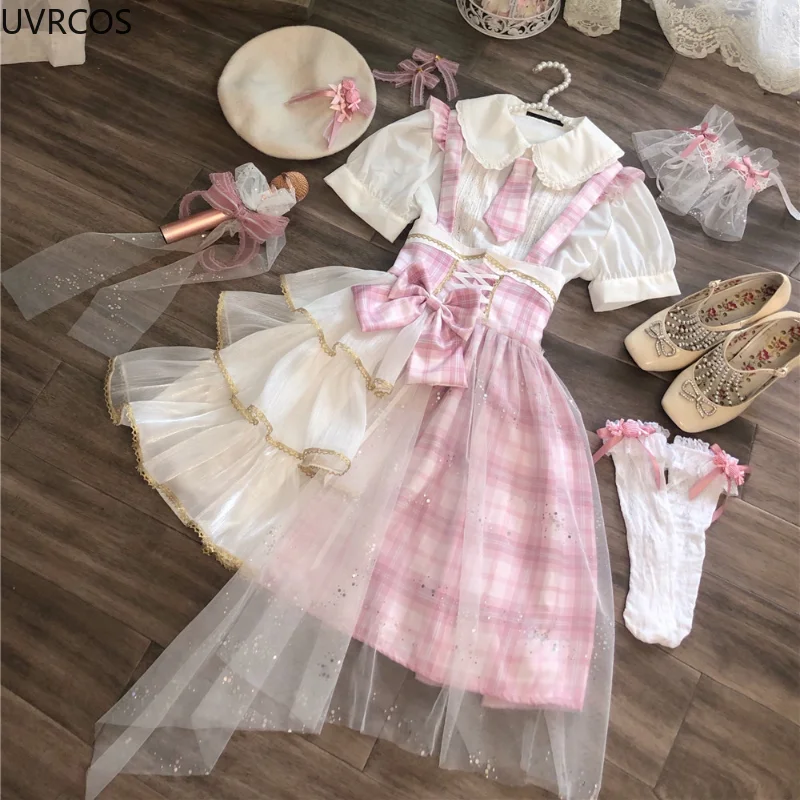 Sweet Lolita Style Jsk Dress Women Kawaii Tulle Patchwork Pink Plaid Cosplay JK Uniform Girl High Waist Party Fairy Slip Dresses