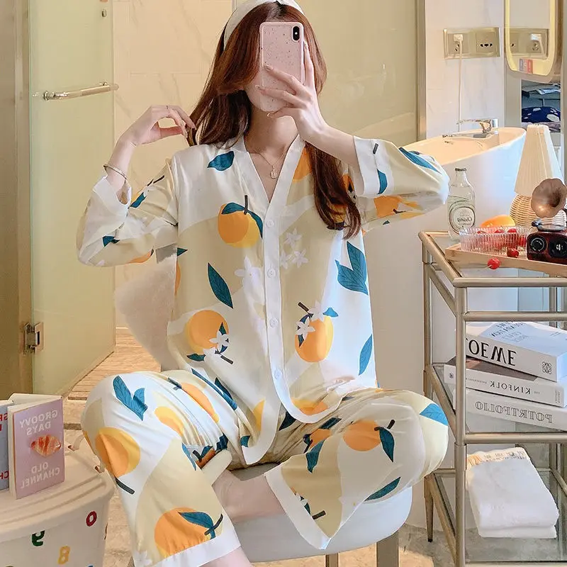 Poplin Sleepwear 2024 Spring Autumn Women Thin Large Size Sweet Homewear Suit Floral Cardigan Girlish Style V-neck Pajamas Set