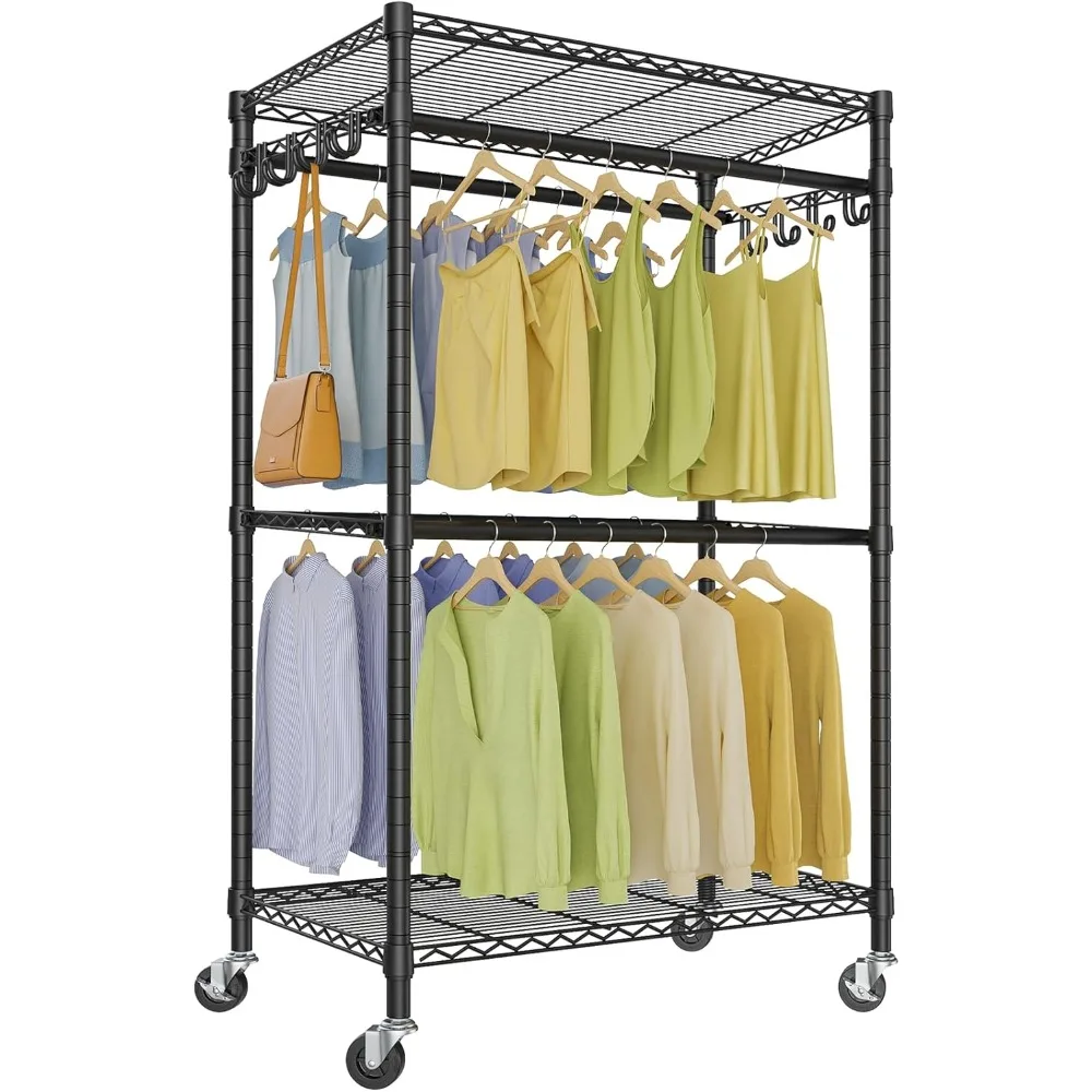 

Rolling Garment Rack 2Sided Hanging Heavy Duty Clothes Racks with Wheels Adjustable Shelves Hanging Rods Metal Portable Closet