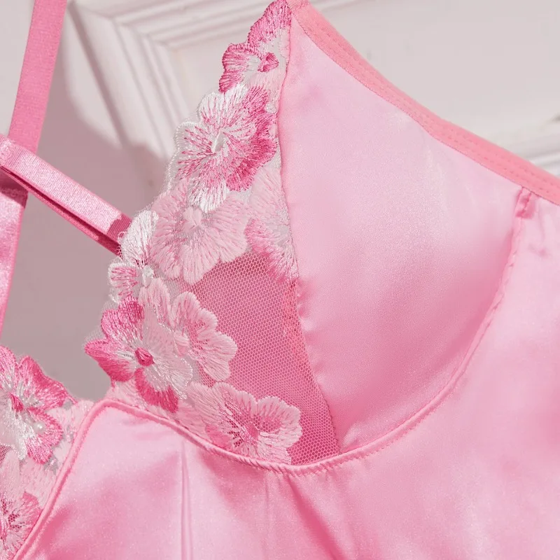 New Fashion Summer Backless Pink Exotic Dresses Women's Sexy Imitating Silk Clothes Nightgown Female Sweet Stain Thin T-Back Set