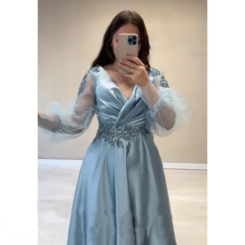 Robe de Soirée en Satin Bleu à Manches Moelleuses et Col en V, Tenue de Mariage Arabe à Personnaliser, Dubaï, 2024