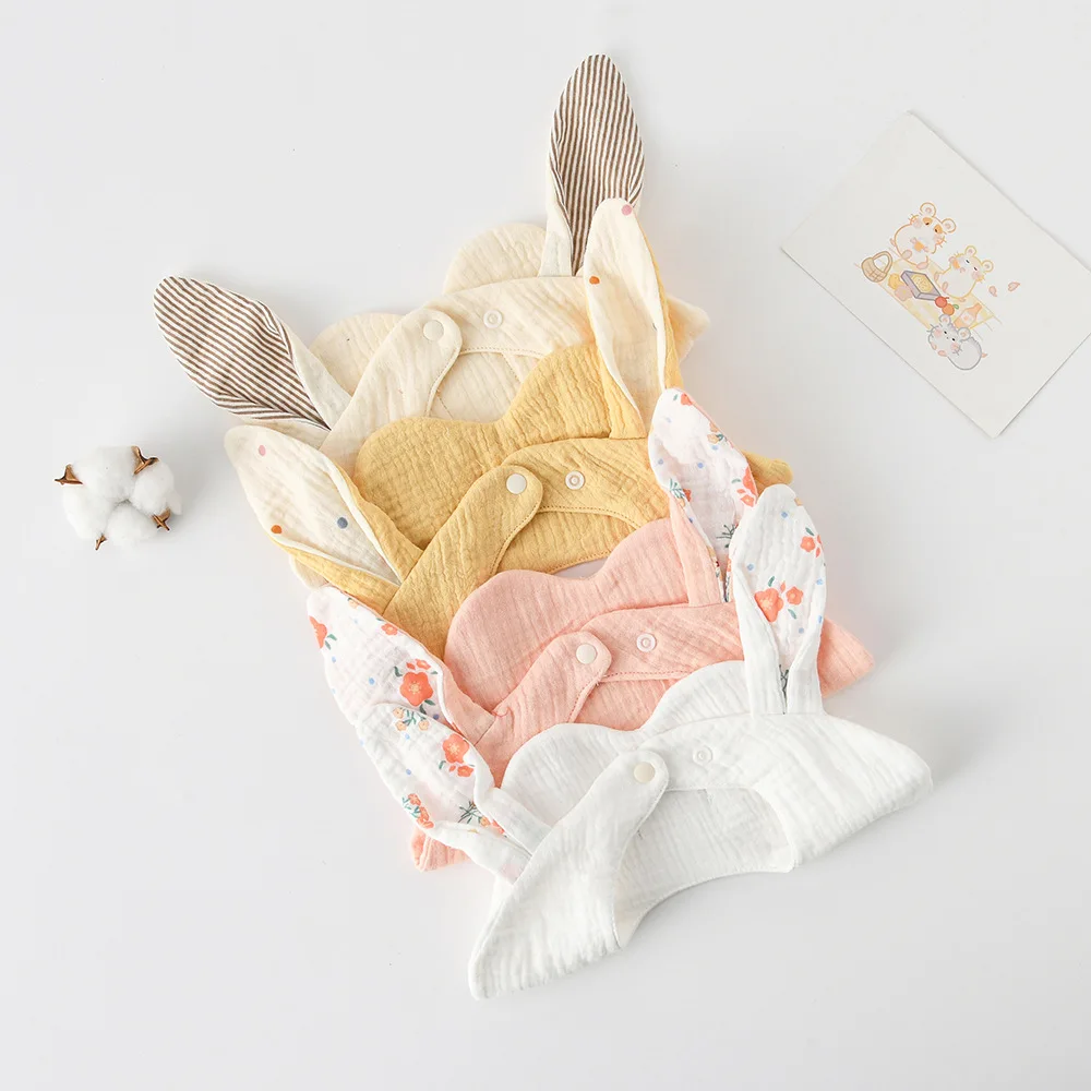 Rabbit Bear Ears Wave Edge Cotton Gauze Baby Bibs New Solid Infant Bib Newborn Burp Cloths for Boy Girl Feeding Saliva Towel