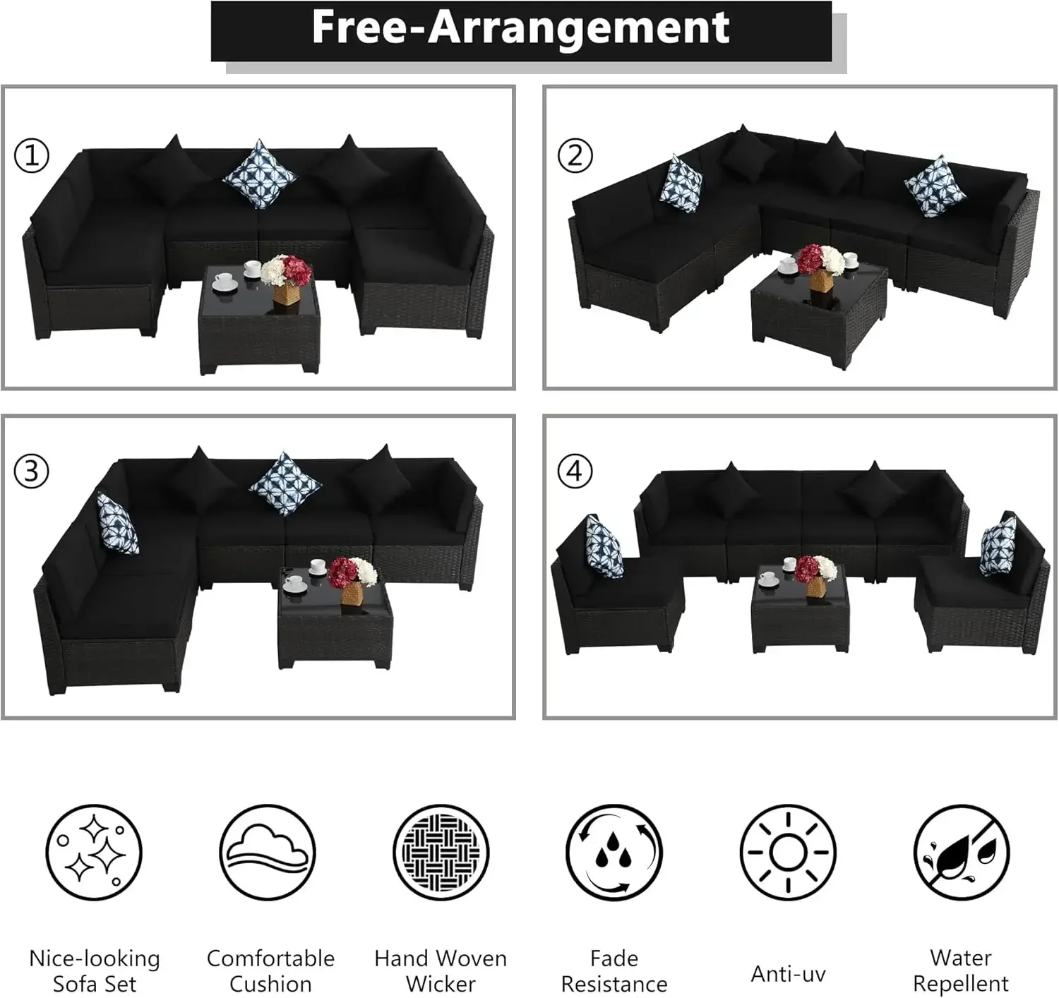 Outdoor Sectional Sofa, Wicker Patio Conversation Set, All-Weather PE Rattan Sectional Sofa with Cushions and Glass Coffee Table