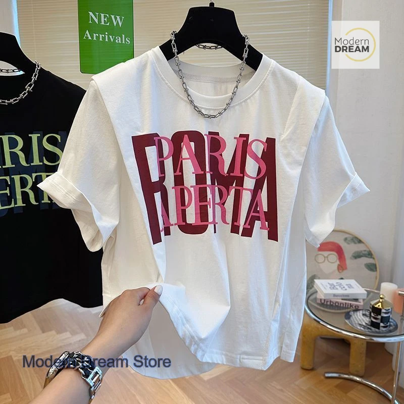 French minority design letter printing short-sleeved T-shirt women's summer new irregular fashion wild flying sleeve top.