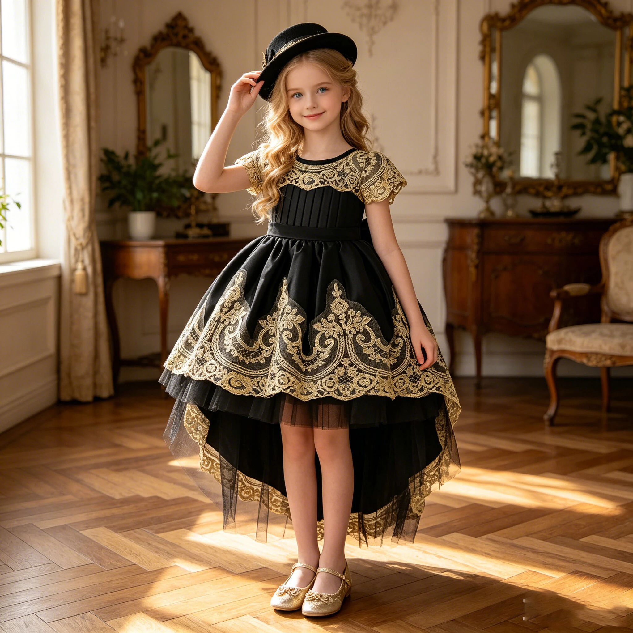 

Elegant Embroidery Bow Girl Party Dress Trailing Lace Flower Bridesmaid Birthday Princess Prom Gown Kids Wedding Pageant Costume