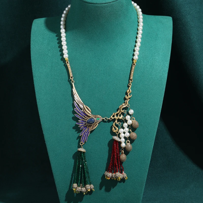 

Винтажное ожерелье из жемчуга и бисера, ювелирные изделия, кисточка с птицей Феникса, асимметричное антикварное ожерелье для воротника, женские аксессуары, роскошный Дубай 2026