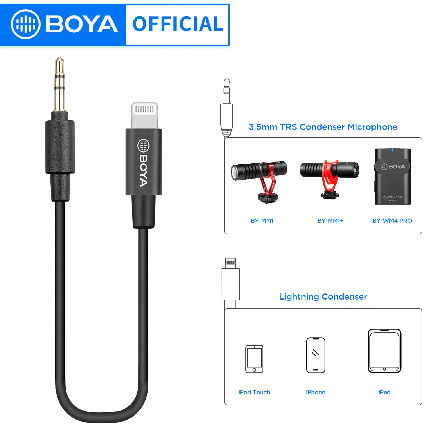 BOYA BY-K1 3.5mmTRS (Male) to Lightning (Female) MFi Certified Wireless Microphone Adapter for iPhone iOS Devices Connected 20cm