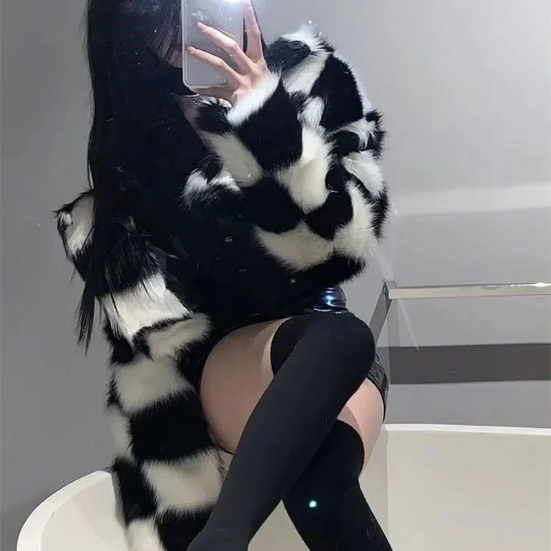 Winter Coat for Women Faux Fur Coats Jackets Warm Korean Fashion Black and White Checkerboard Streetwear Tops New