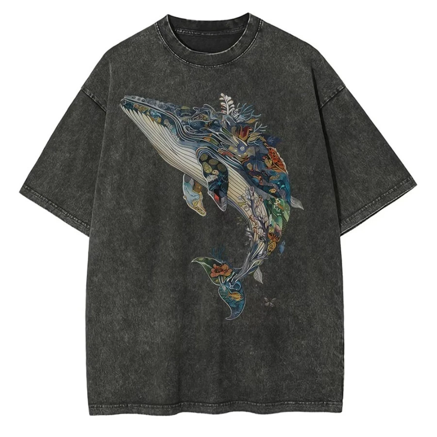 

Whale print graphic casual high street retro old washed cotton men's new summer T-shirt