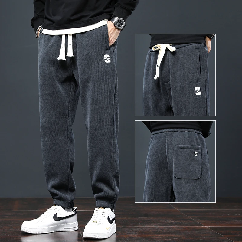 

Men's Casual Corduroy Sweatpants Fce Lined Cuffed Sports Workwear Autumn Winter Elastic Waist Youth Faion Bla