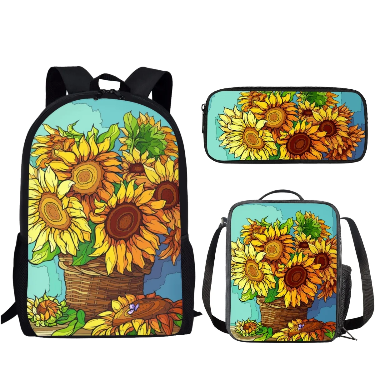 3Pcs Sunflower Pattern School Bag Set Large Capacity Backpack for Girls Boys Teenager Student Book Bag with Lunch Bag Pencil Bag