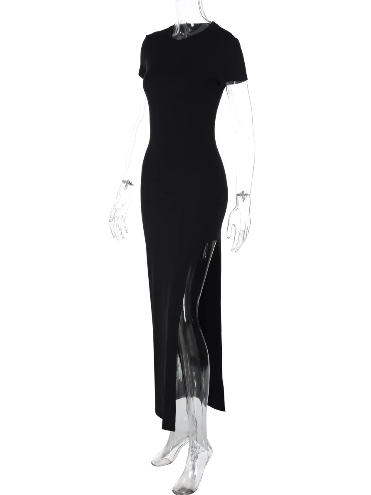 FDYOUI แฟชั่นแขนสั้นเสื้อยืดสีดําชุดผู้หญิง 2025 ฤดูร้อนแยก Bodycon ชุดยาว Office Lady ชุดวันหยุด