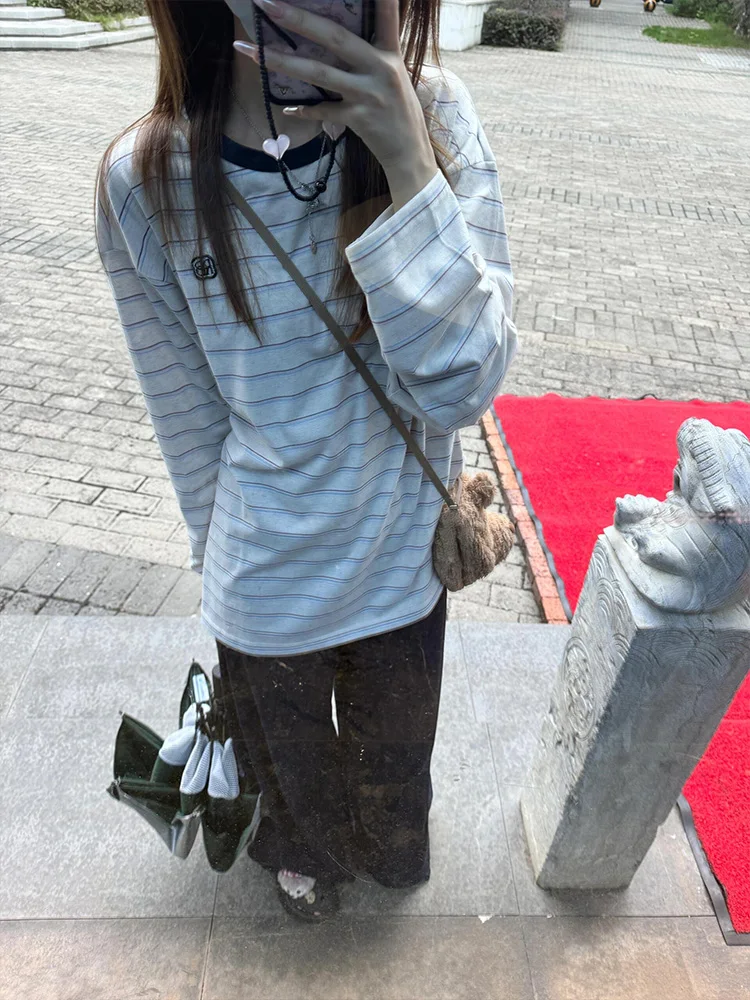 Amerykańska koszulka z długim rękawem, z haftem w paski, damska, wiosenno-jesienna, luźna, do noszenia pod spód, bazowa, bawełna 100%.