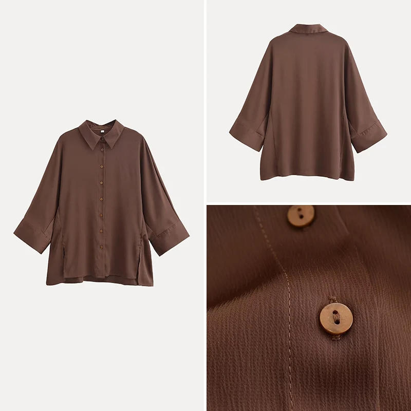 Primavera 2025 Donna Sciolto Lungo Sve irt Colletto alla coreana Bottone Frontale Pieghettato Raso Spacco laterale Fibra di poliestere Versatile Sle