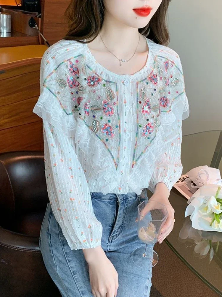 French Design Shirts Heavy Beading Ruffles Patchwork Long Sleeve Single Breasted Blouses Spring Autumn Elegant Women\'s Clothing