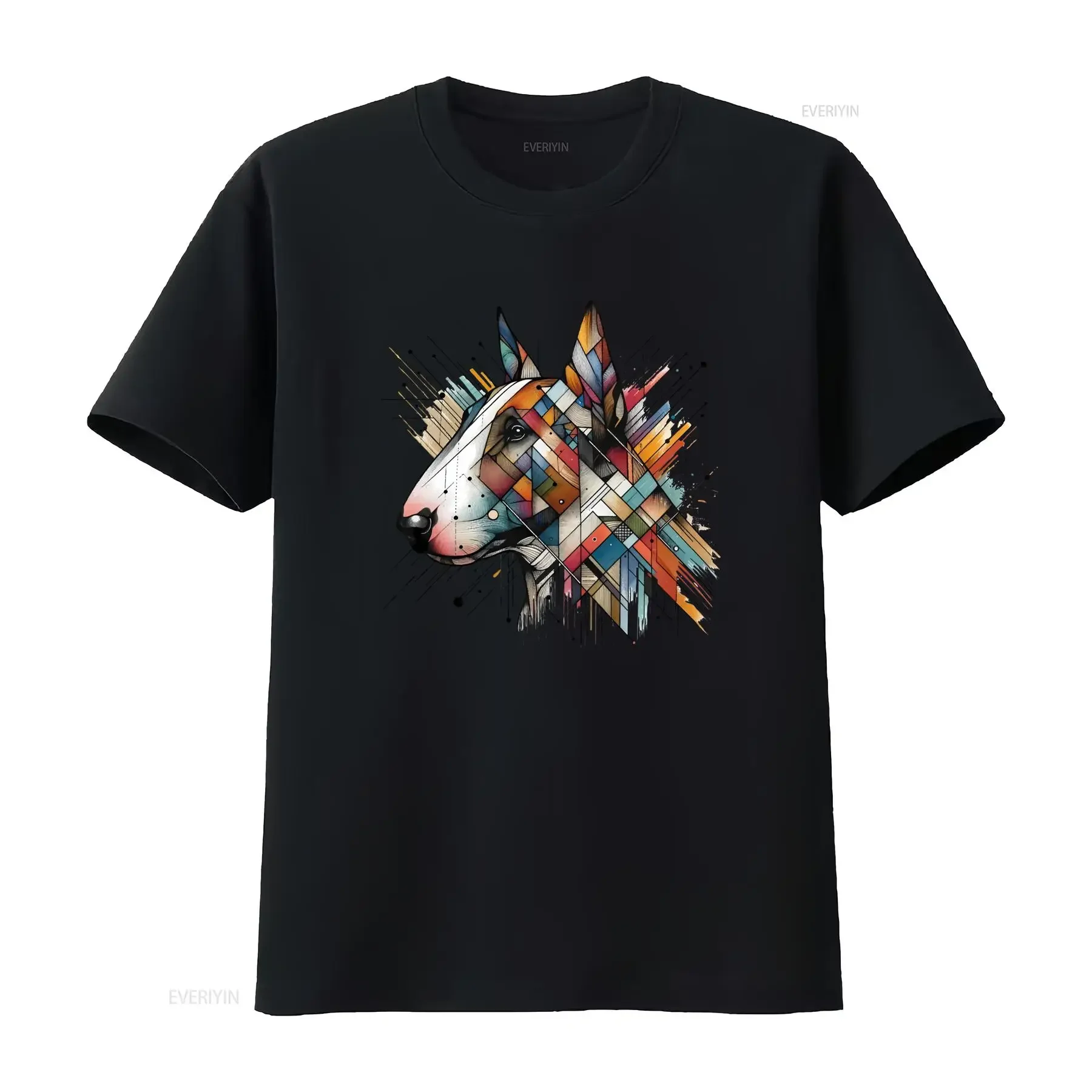 Cool Geometric Abstract Bull Terrier Dog Colorful Mosaic Streetwear Casual Print T Shirt vintage Washed Stretched