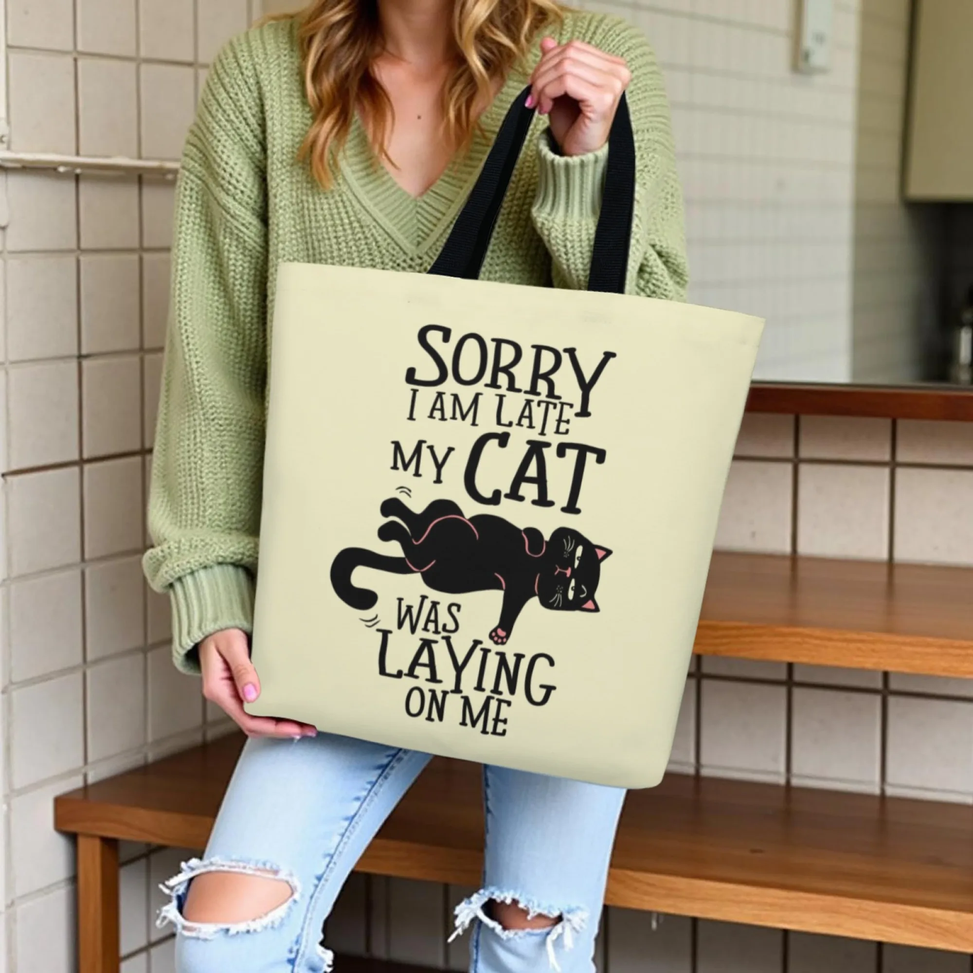 

Sorry I'm Late My Cat Was Laying on Me Cat Lover Canvas Tote Bag Whimsical Excuse Pattern Reusable Shoulder Bag for Cat Owners