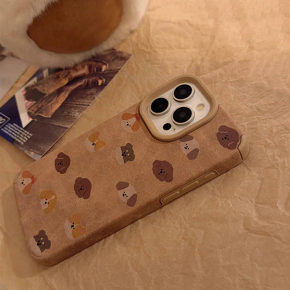 가을 겨울 스웨이드 레트로 강아지 아트 플러시 볼 펜던트 전화 케이스, 아이폰 16, 15, 14, 13, 12 프로 맥스 케이스, 귀여운 럭셔리 만화 커버