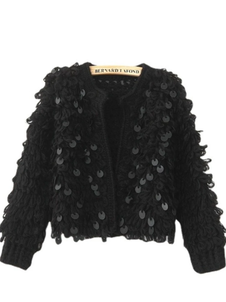 Woman Sequins Mohair Hollow Knitted Cardigan Sweater Tassels Jacket Sequined Fashion Short Coat Open Stitch Streetwear