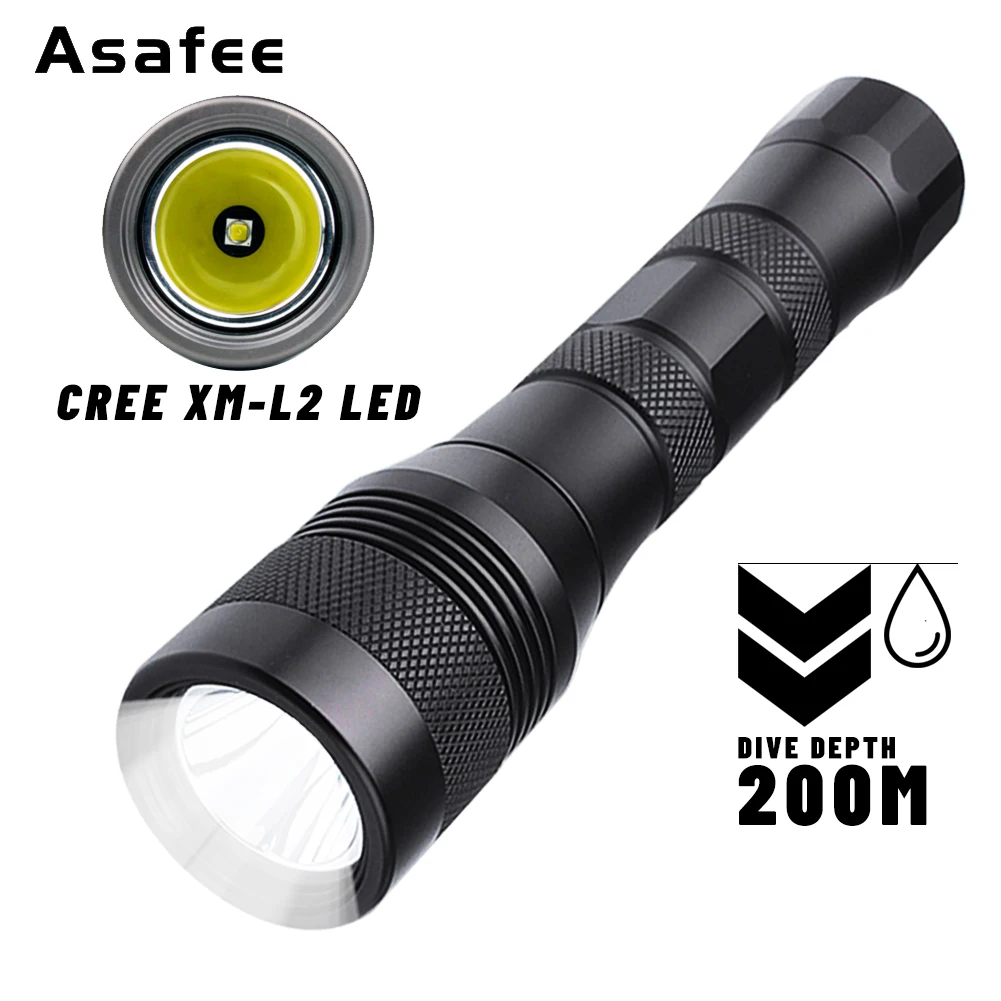 Asafee 200M Diving Flashlight L2 LED Underwater 1050LM Scuba Dive Torch IP68 Waterproof Rating Rechargeable Diver Lamp Lanterna