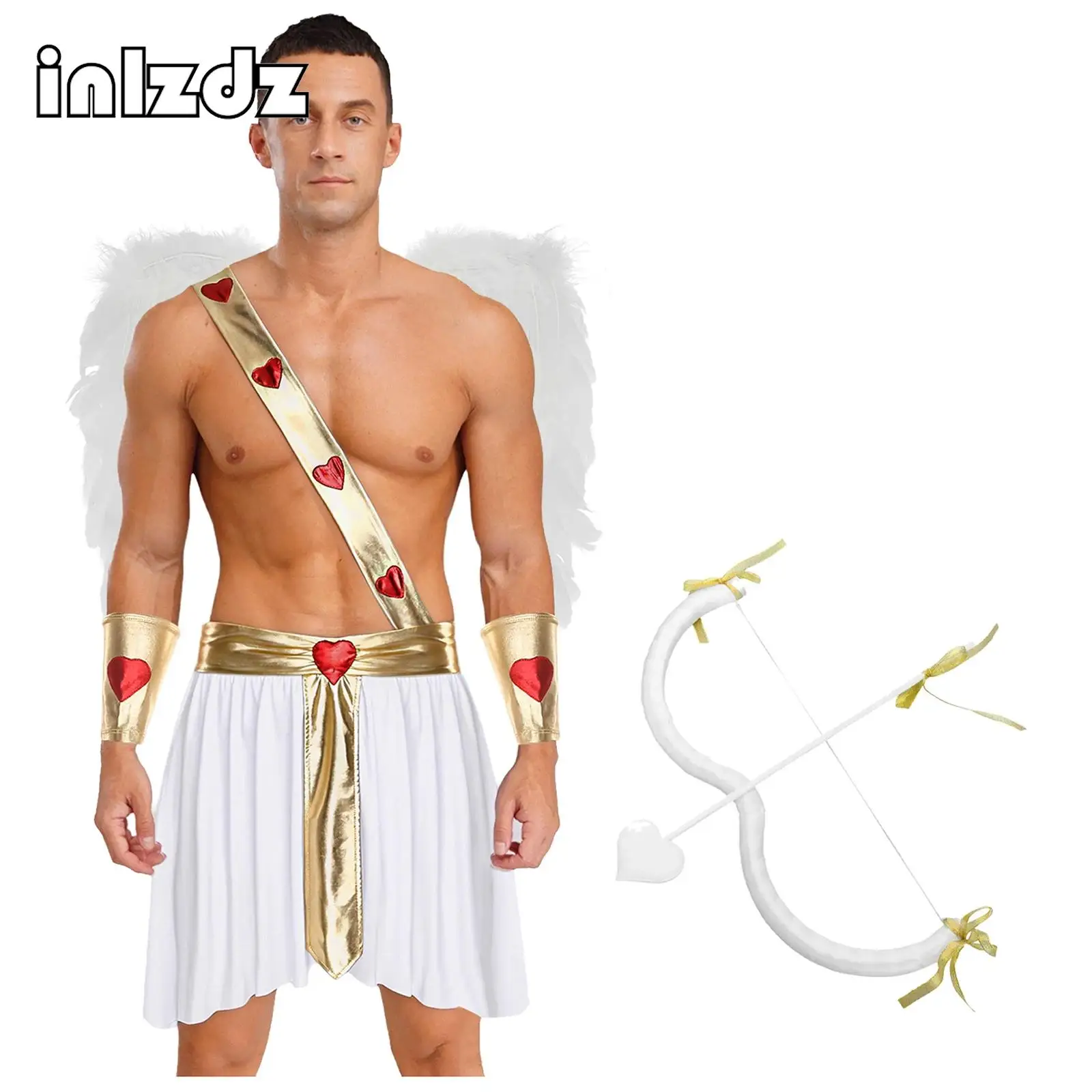 

Mens Valentine Cupid Outfit Cosplay Costumes Halloween Party Roman God of Love Dress Up Heart Pattern Skirts+Accessories Sets