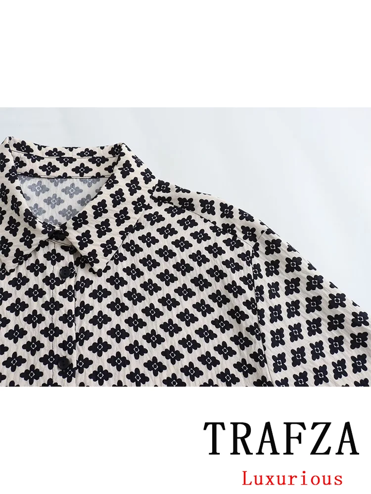 TRAFZA-traje con estampado informal Vintage para mujer, camisa de manga larga con botonadura única, pantalones largos holgados, conjuntos bohemios