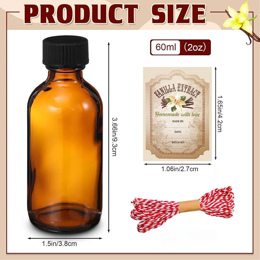 Amber Glass Bottle 2oz Boston Round Bottles with Caps for Vanilla Extract for Homemade Syrup Gift Food Storage Set